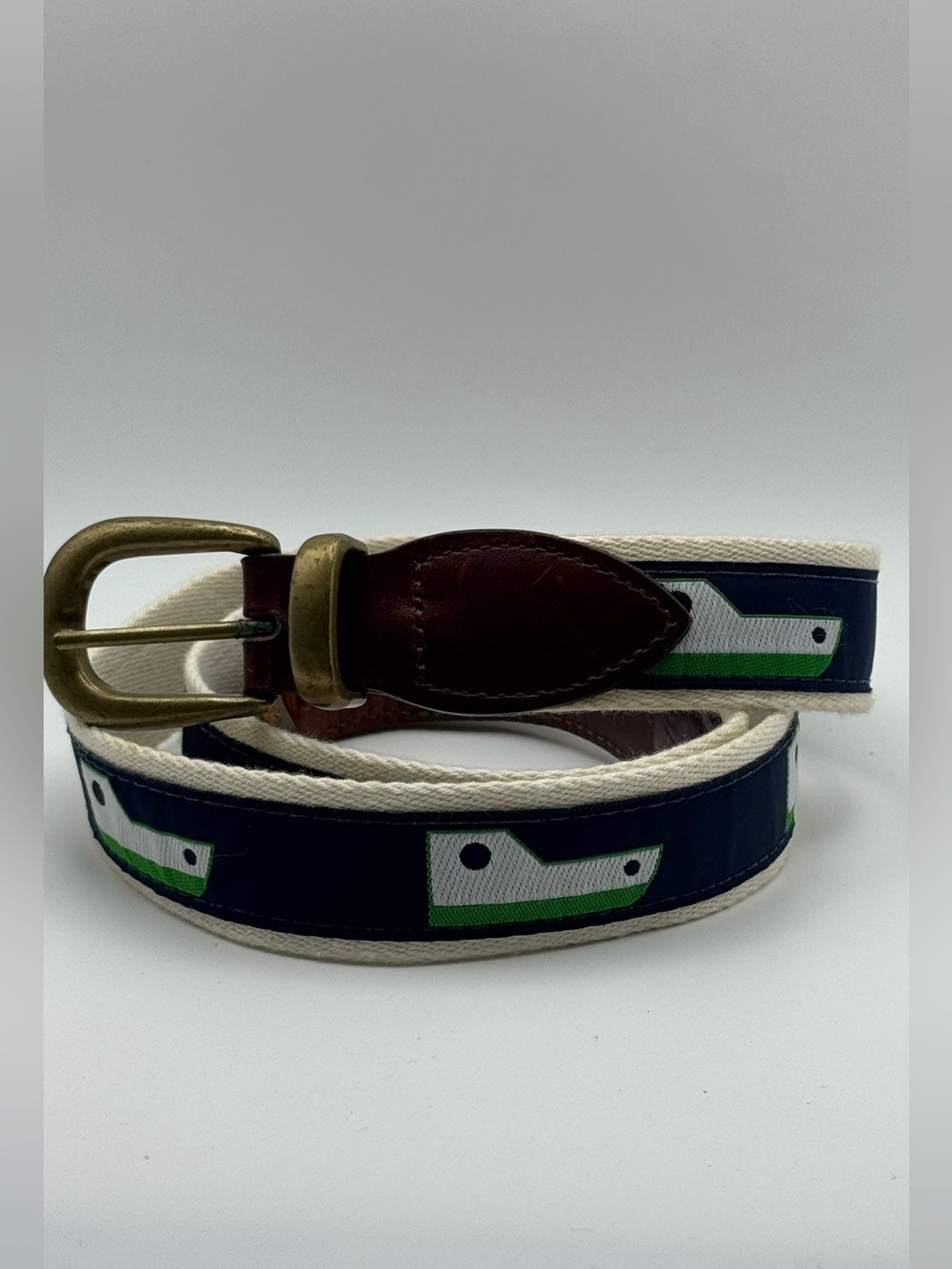 Vintage YRI Exeter NH Surcingle Belt Leather Brass Navy Green White Size 42